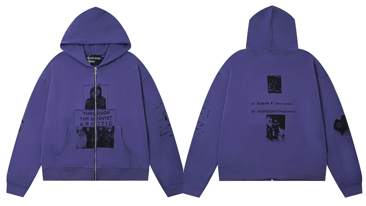 Enfants Riches Déprimés Purple Portrait & Text Zip-Up Hoodie - Purple
